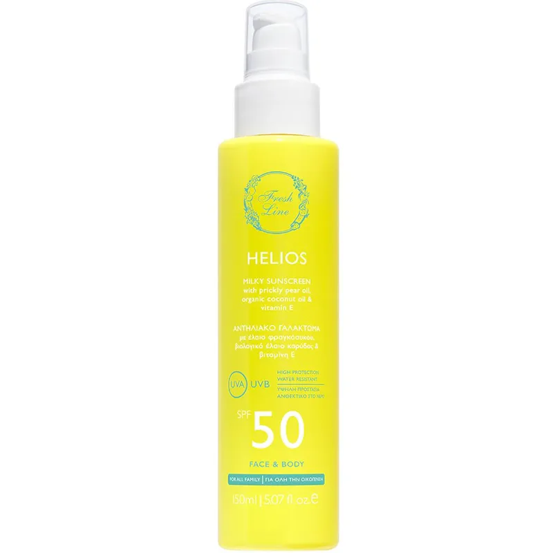 Fresh Line Helios Face & Body Spf50 Milky Sunscreen Spray Αντηλιακό Γαλάκτωμα σε Μορφή Σπρέι Υψηλής Προστασίας για Πρόσωπο & Σώμα με Έλαιο Φραγκόσυκου, Καρύδας & Βιταμίνη Ε 150ml