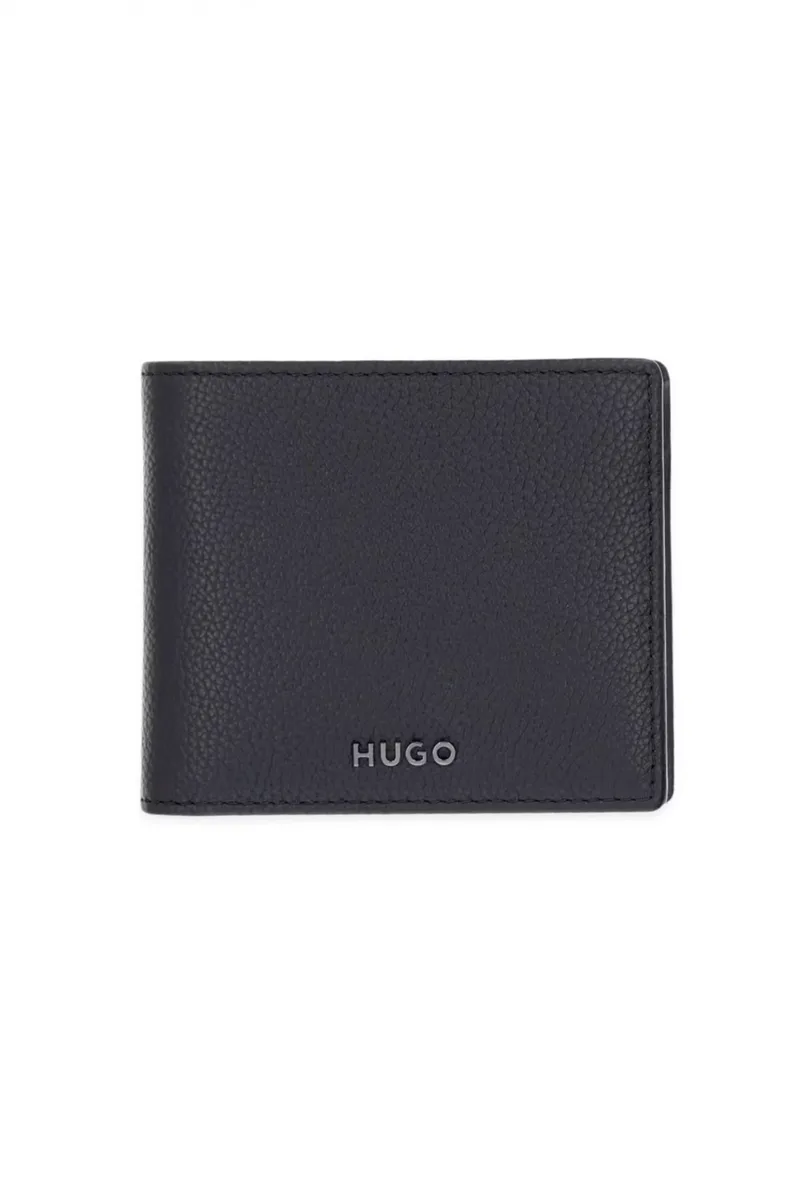 HUGO ΠΟΡΤΟΦΟΛΙ HUKE_4CC COIN ΔΕΡΜΑ LOGO ΜΕΤΑΛΛΙΚΟ ΜΑΥΡΟ