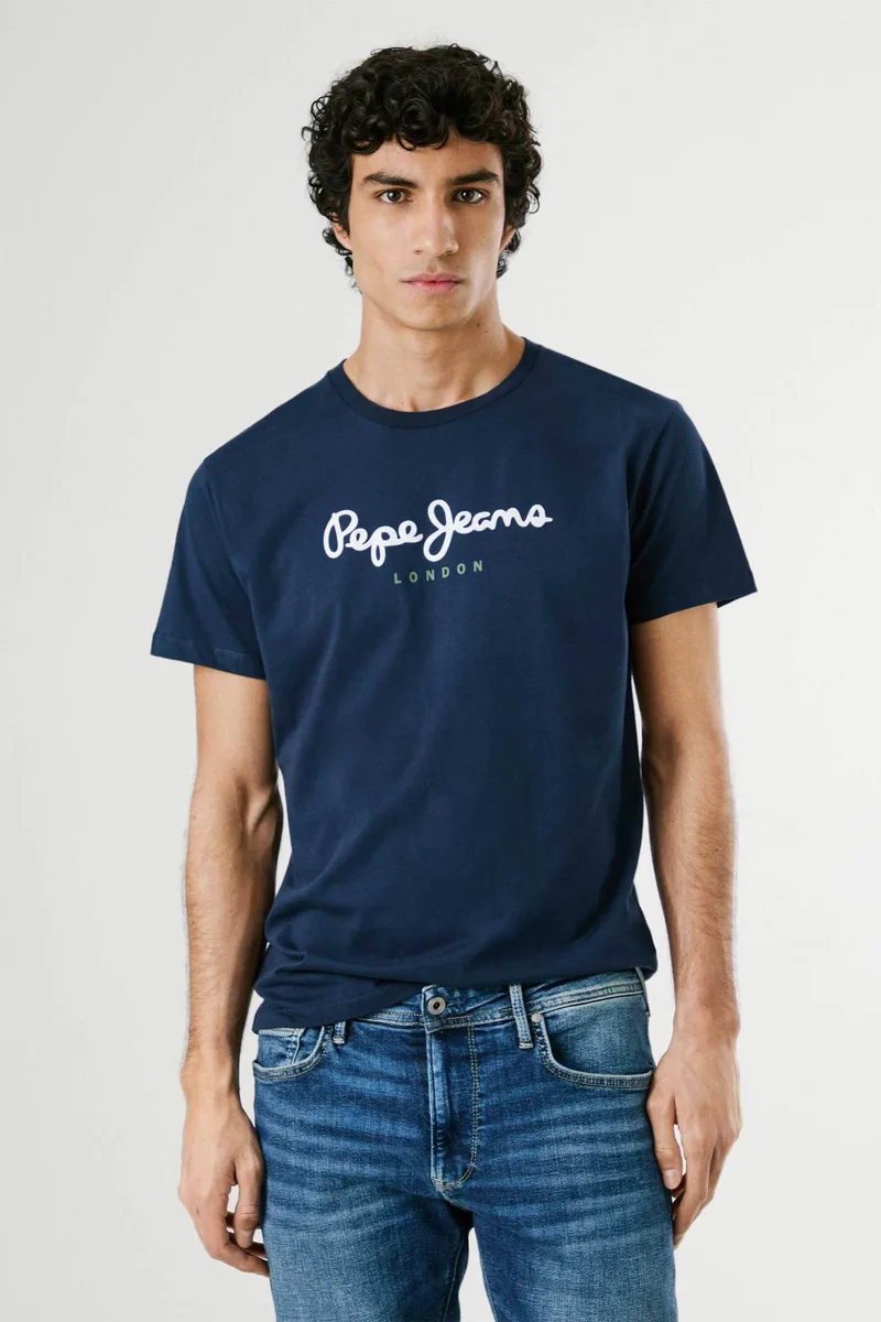 Pepe Jeans ανδρικό T-shirt μονόχρωμο με στρογγυλή λαιμόκοψη και logo print "Eggo" - PM508208 Μπλε Σκούρο