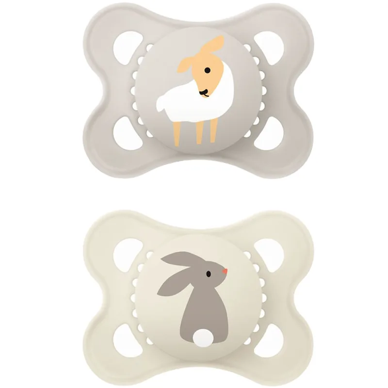 Mam Original Silicone Soother 2-6m Ορθοδοντική Πιπίλα με Θηλή Σιλικόνης με Σχέδιο Φιλική προς το Δερματάκι του Μωρού με Πρακτική Θήκη Μεταφοράς, 2 Τεμάχια Κωδ 100SUc - Γκρι / Μπεζ