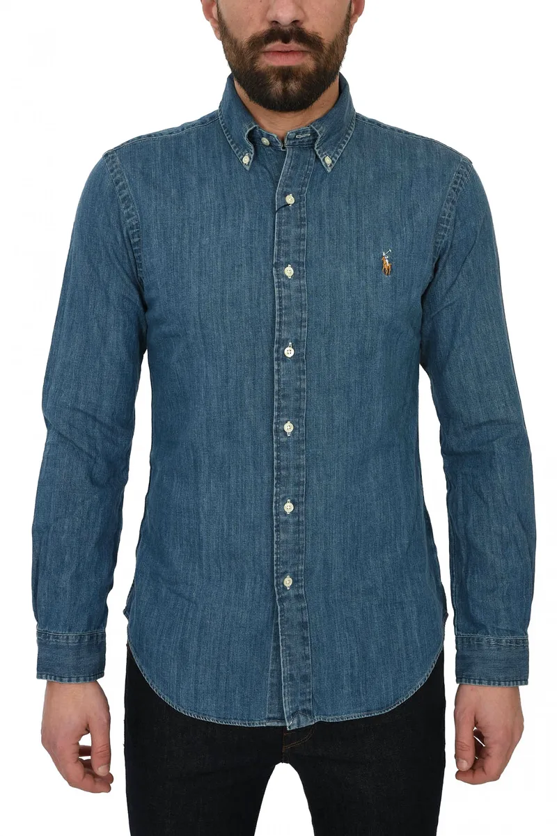 RALPH LAUREN ΠΟΥΚΑΜΙΣΟ BUTTON DOWN JEANS SLIM FIT DENIM BSR ΜΠΛΕ