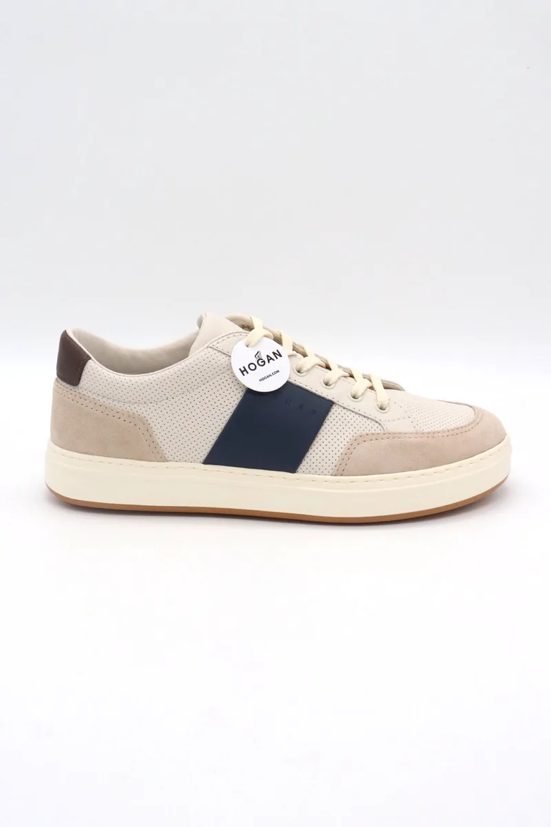 HOGAN ΠΑΠΟΥΤΣΙΑ SNEAKERS ALLACCIATO PUNZ BANDA ΔΕΡΜΑ ΕΚΡΟΥ-ΜΠΛΕ