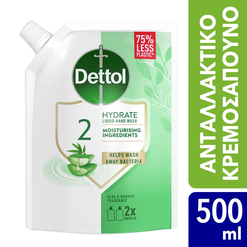 Dettol Aloe & Bamboo Fragrance Hydrate Liquid Hand Wash Υγρό Κρεμοσάπουνο Ανταλλακτικό σε Σακουλάκι με Αλόη Βέρα 500ml