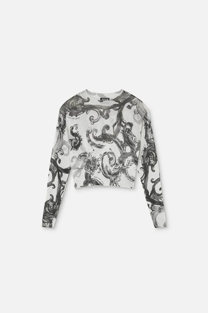Versace Jeans Couture γυναικείο πουλόβερ με all-over watercolor couture motif και ribbed τελειώματα - 76HAFM23CMN45 Λευκό