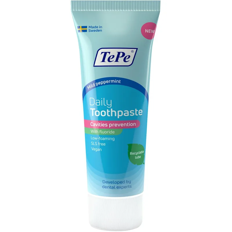 TePe Daily Toothpaste Mild Peppermint Cavities Prevention Οδοντόκρεμα Καθημερινής Χρήσης με Φθόριο 1450ppm & Ήπια Γεύση Μέντας Κατά της Τερηδόνας 75ml
