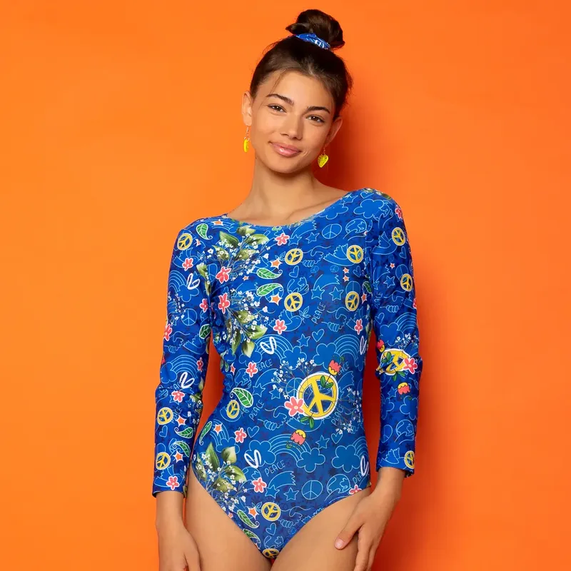 Girl's One Piece Long Sleeve Bodysuit Blue