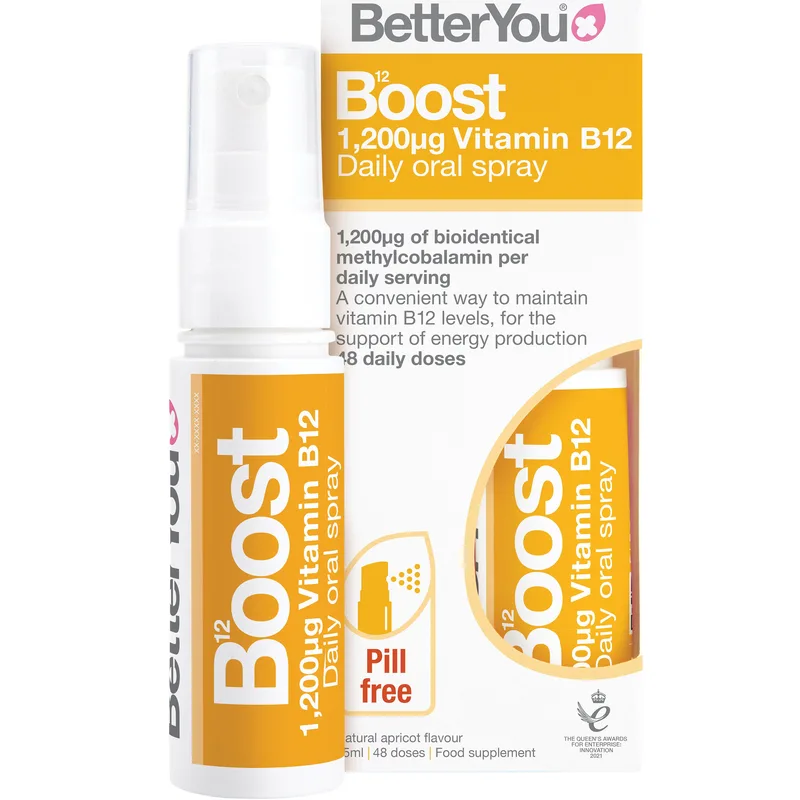 BetterYou Vitamin B12 1,200μg Boost Daily Oral Spray Συμπλήρωμα Διατροφής σε Μορφή Spray Βιταμίνης Β12 για την Καλή Λειτουργία του Νευρικού Συστήματος & Ενέργεια με Φυσική Γεύση Βερίκοκο 25ml