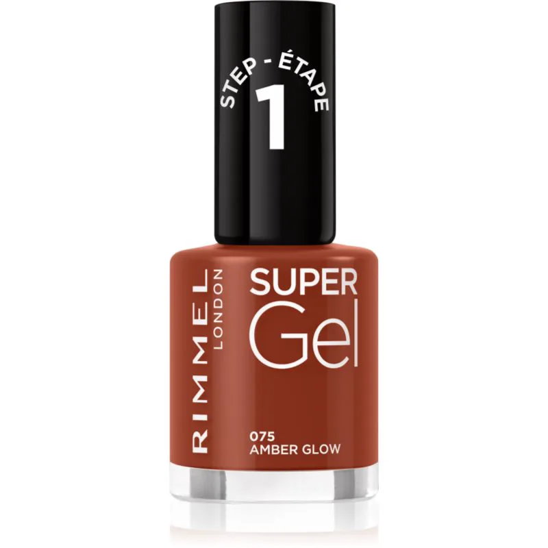 Rimmel Super Gel τζελ βερνίκι νυχιών χωρίς τη χρήση των UV/LED λαμπτήρων απόχρωση 075 Amber Glow 12 ml