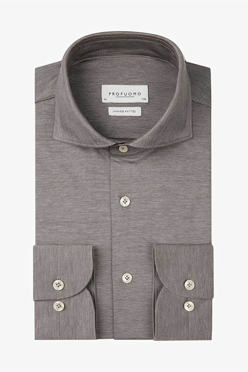 Profuomo ανδρικό πλεκτό πουκάμισο Slim Fit - PPVH30043C Καφέ