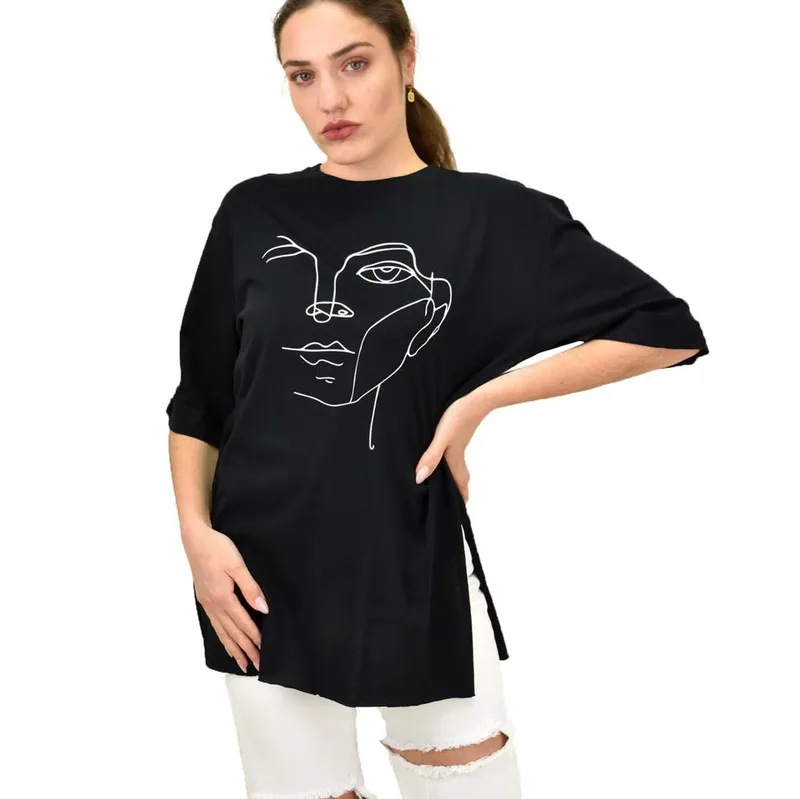 Γυναικείο T-shirt με τύπωμα πρόσωπο Μαύρο 15281