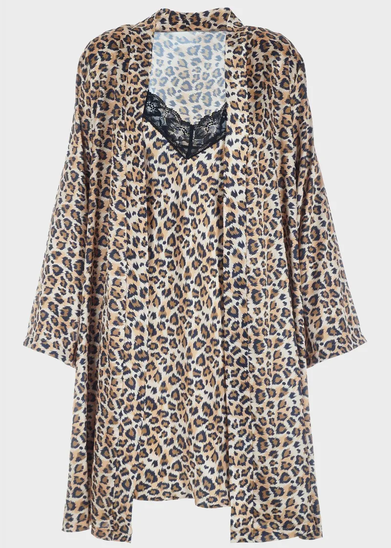 Γυναικείο σετ σατέν ρόμπα νυχτικό animal print.Elegance Style ANIMAL