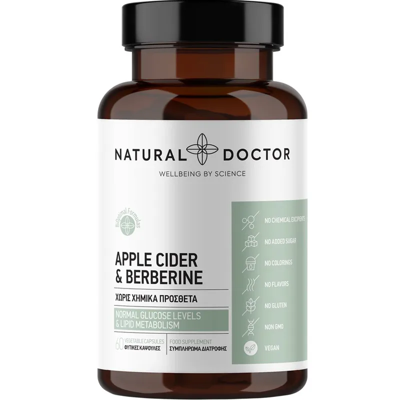 Natural Doctor Apple Cider Vinegar & Berberine Συμπλήρωμα Διατροφής με Μηλόξυδο, Βερβερίνη, Μέταλλα & Βιταμίνες για Ενεργοποίηση του Μεταβολισμού & Αποτελεσματική Διαχείριση Βάρους 60veg.caps