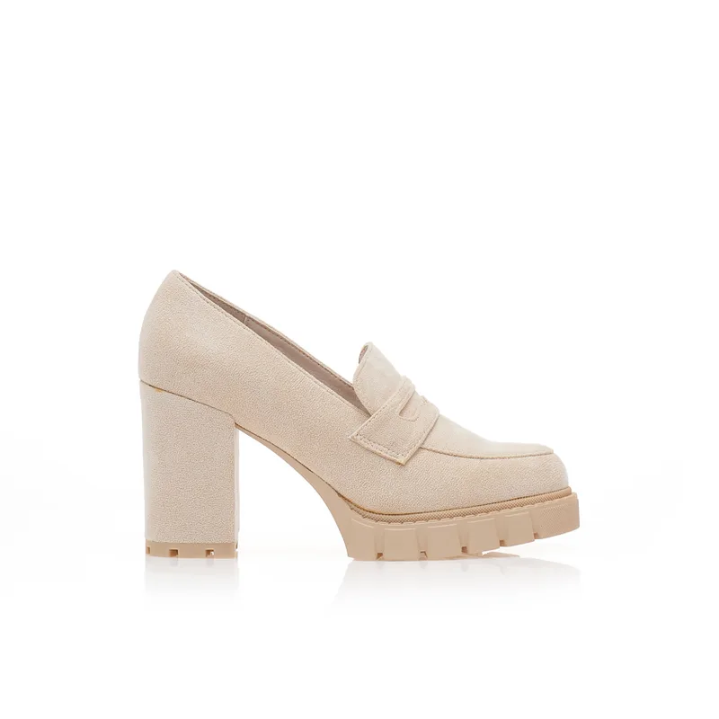Γόβες loafers μπεζ σουέτ με τρακτερωτή σόλα ΜΠΕΖ