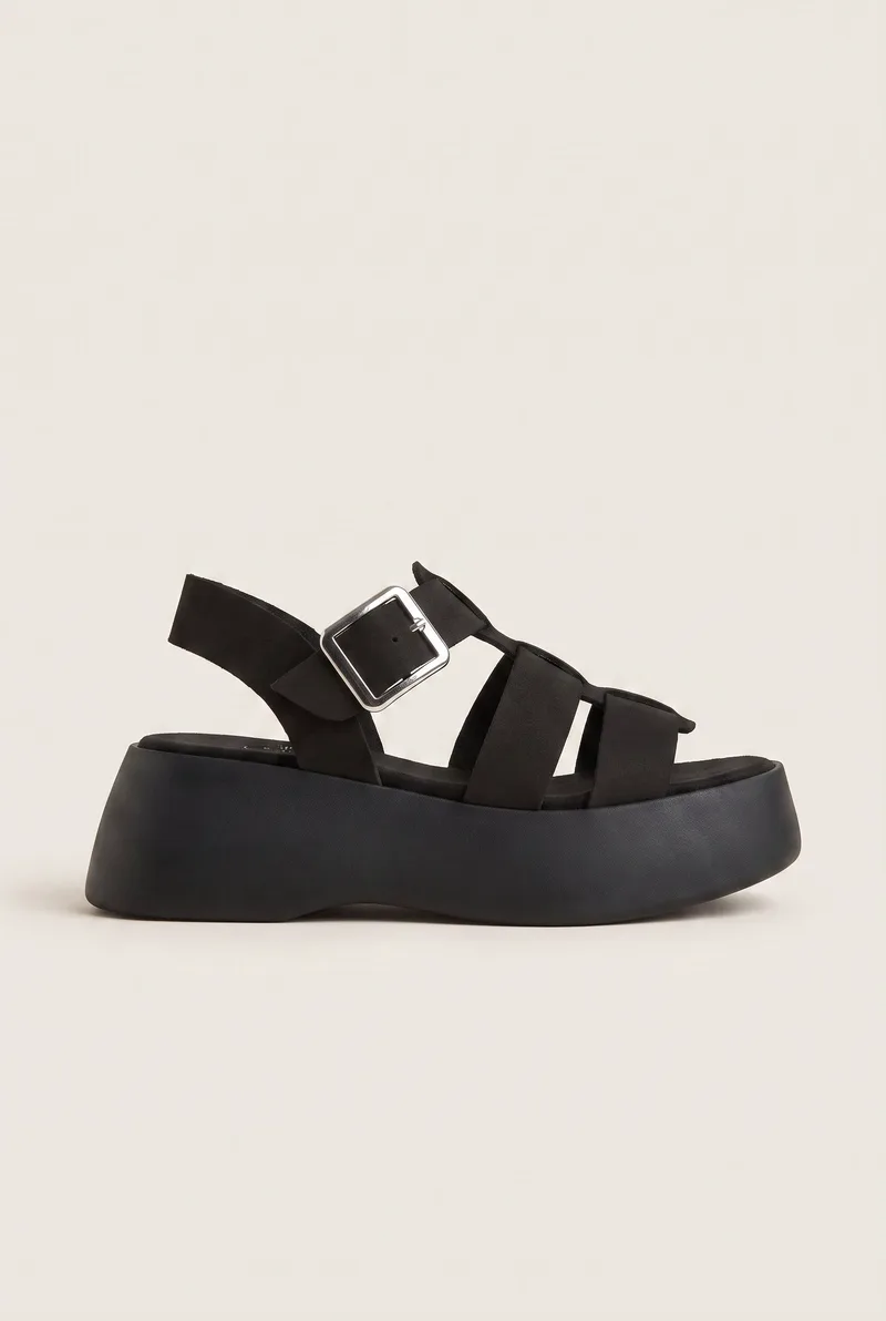 TFP Flatform Sandals Wide Strap Buckle - 1610 - Μαύρο Σουέτ