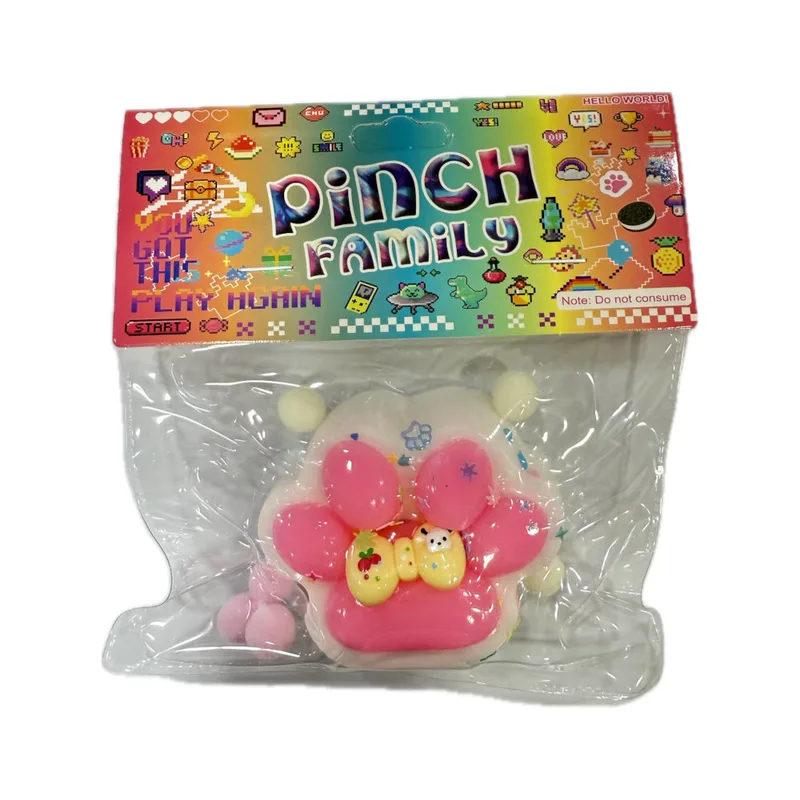Antistress Pinch Family Squishy Πατούσα Λευκή με Ροζ & Pon Pon & Μοτιφ 6χ5,5cm