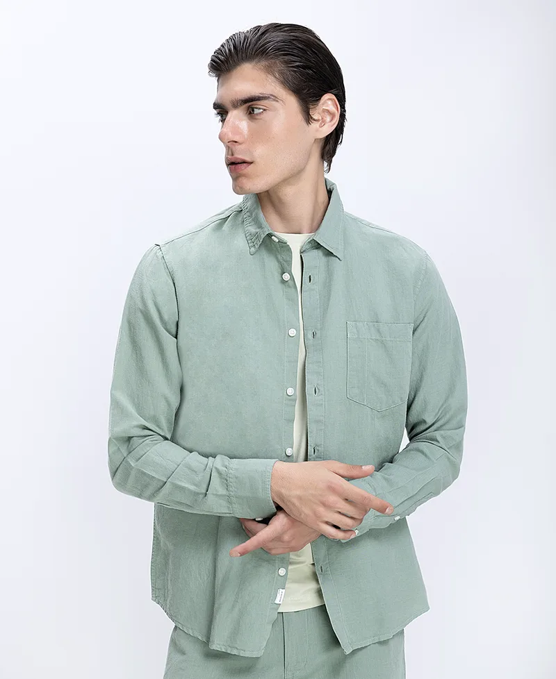 Ανδρικό Πουκάμισο Linen Blend Με Τσέπη Στήθους Regular Fit