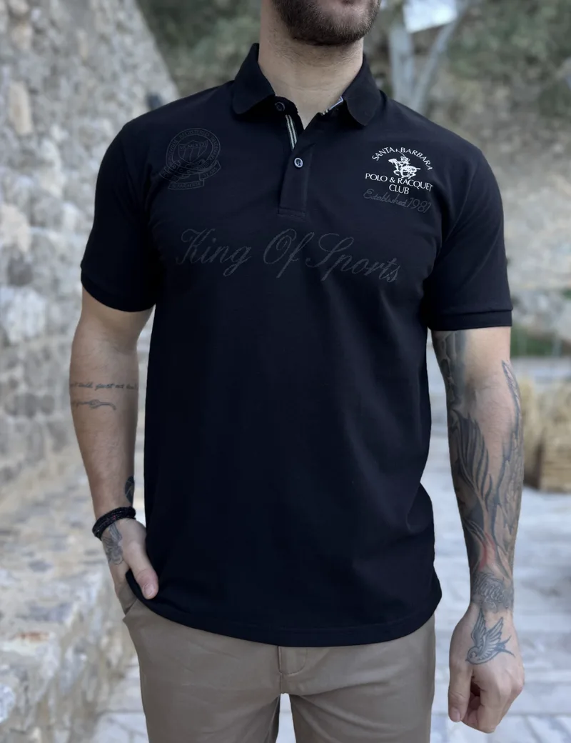 Everbest ανδρική μαύρη Polo μπλούζα με σχέδια Plus Size 252828M