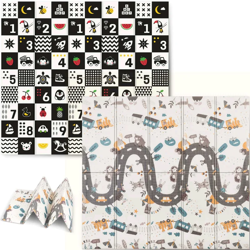 Nukido Baby Play Mat NK-340 - Αντιολισθητικό Αναδιπλούμενο Παιδικό / Βρεφικό Χαλάκι Δύο Όψεων για Δραστηριότητες / Παιχνίδι από Αφρό XPE - 200 x 180 x 1cm - Trains / Numbers (5903890609047)