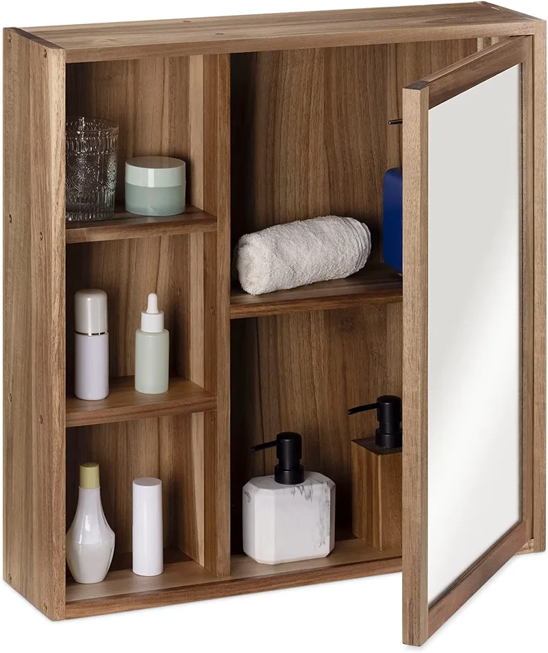 Navaris Wood Bathroom Cabinet with Mirror - Ντουλάπι Τοίχου / Έπιπλο Μπάνιου με Καθρέπτη από Ξύλο Ακακίας - 60.5 x 60 x 14 cm - Brown (57961.01)