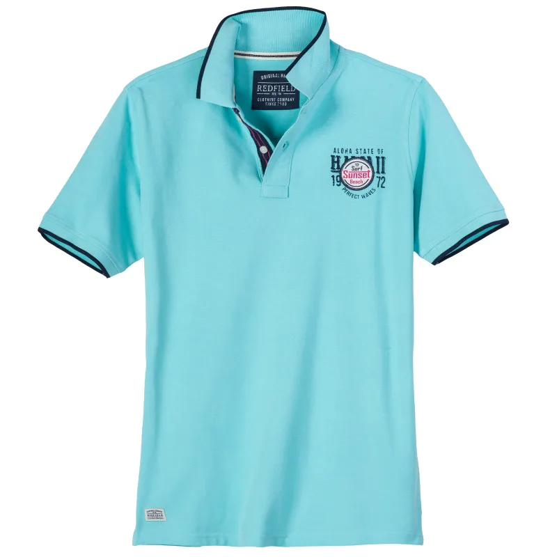 Βαμβακερό King Size Polo Pique "Perfect Waves" της Redfield,με υφαντό patch και μεταξοτυπία - Malibu Turquoise
