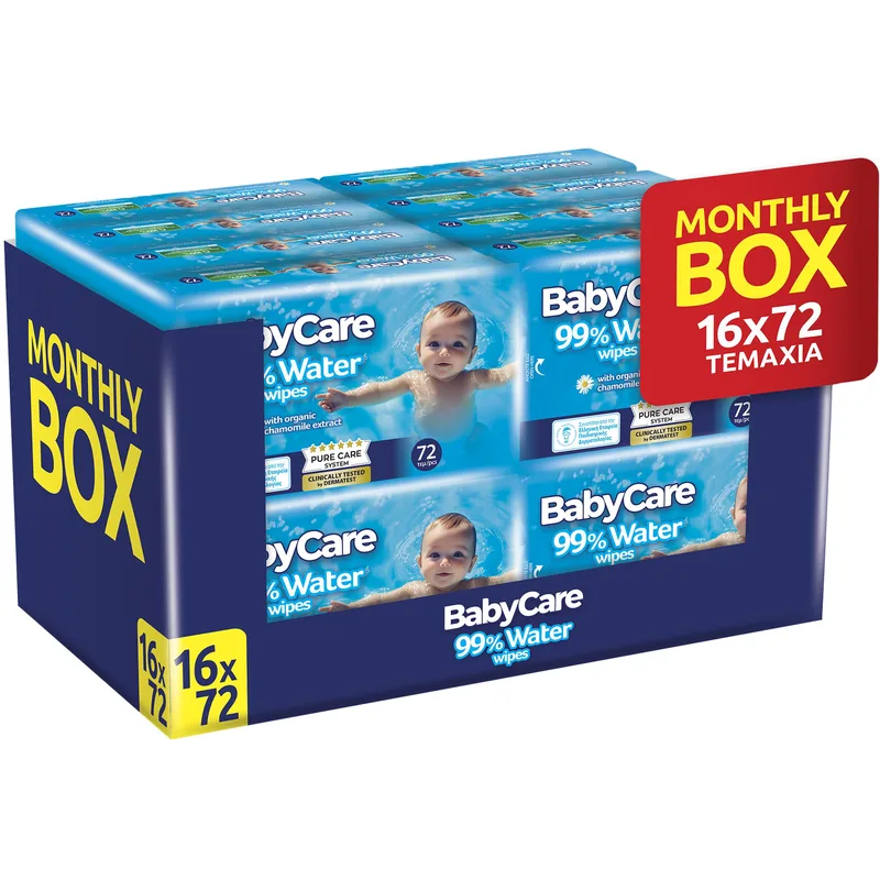 BabyCare 99% Water Baby Wipes Monthly Box Μωρομάντηλα με 99% Νερό & Βιολογικό Εκχύλισμα Χαμομηλιού, Ιδανικά για Ευαίσθητο Δέρμα 1152 Τεμάχια (16x72 Τεμάχια)