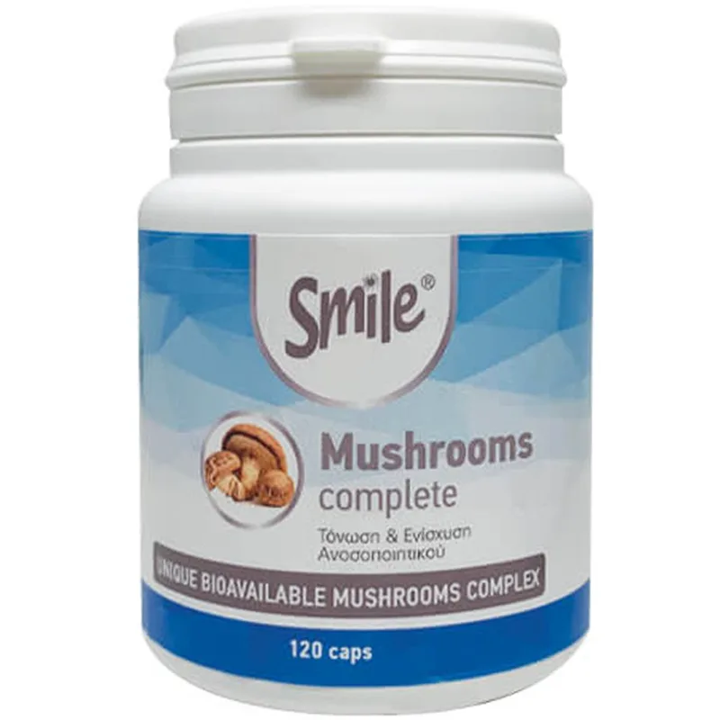 Smile Mushrooms Complete Συμπλήρωμα Διατροφής Συνδυασμού Εκχυλίσματος Μανιταριών για Ενίσχυση Ανοσοποιητικού, Βελτίωση Μνήμης & Συγκέντρωσης με Αποτοξινωτικές Ιδιότητες 120caps