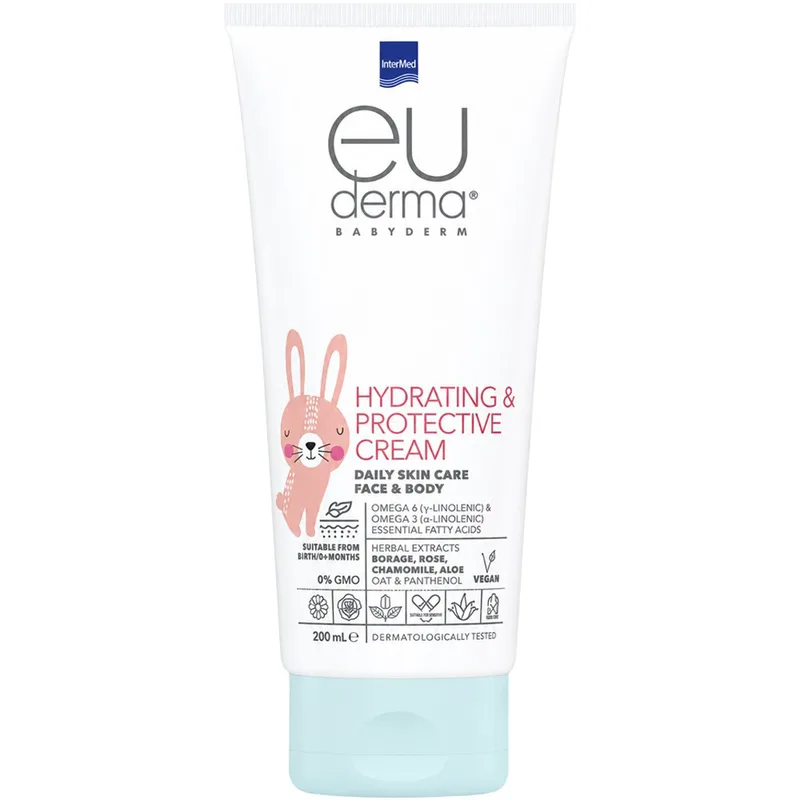 Intermed Eu Derma Babyderm Daily Skin Care Face & Body Hydrating & Protective Cream Βρεφική & Παιδική Ενυδατική & Προστατευτική Κρέμα για Πρόσωπο & Σώμα με Ωμέγα 6 & 3 & Απαραίτητα Λιπαρά Οξέα 200ml