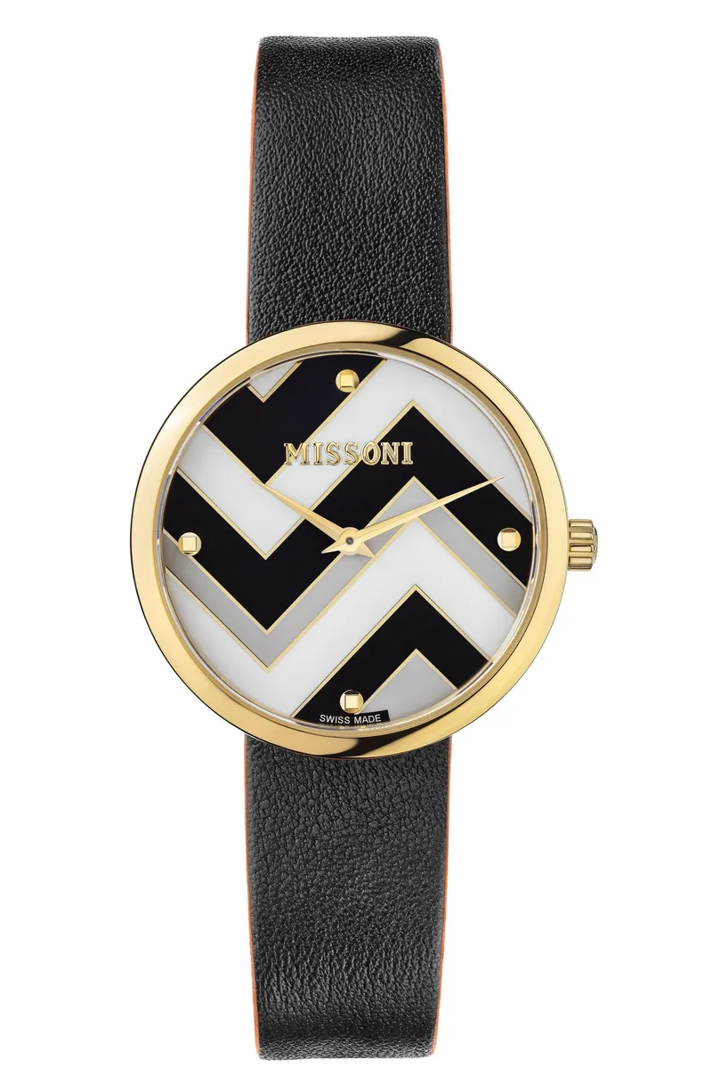 MISSONI M1 Swiss Made - MWY200720 Χρυσό case with Black Leather Strap