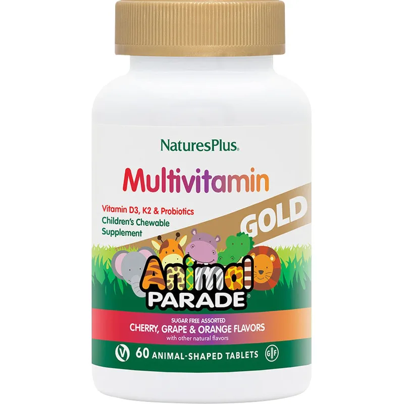 Natures Plus Animal Parade Χρυσό Multivitamin Cherry, Grape & Πορτοκαλί Συμπλήρωμα Διατροφής Πολυβιταμινών, Μετάλλων & Εκχυλισμάτων Φυτών για Ενίσχυση Ανοσοποιητικού Ενέργεια & Σωστή Ανάπτυξη των Παιδιών με Γεύση Κεράσι, Σταφύλι & Πορτοκάλι 60 Chew.tabs