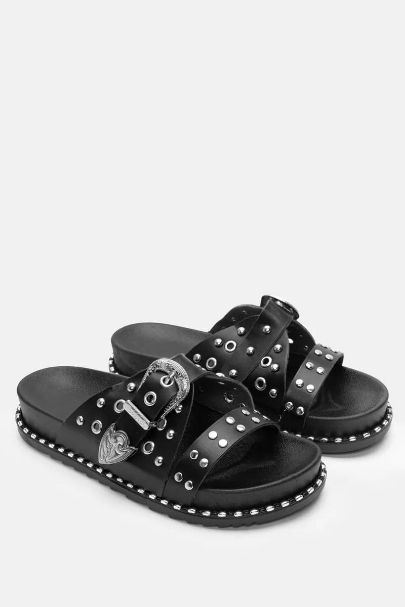 Σανδάλια Flatform με Λουράκια & Διακοσμητικά Τρούκς - Μαύρο