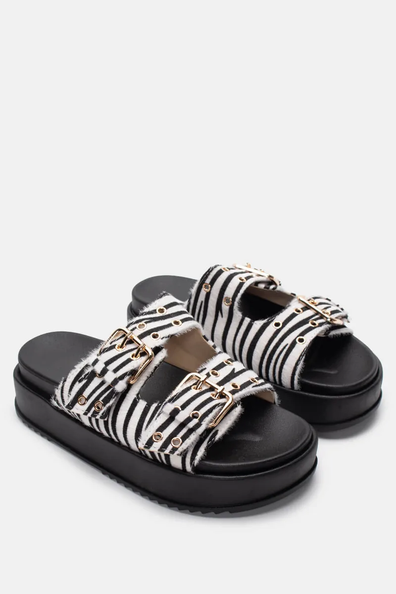 Σανδάλια Flatform με Διπλές Τόκες - Zebra Άσπρο-Μάυρο