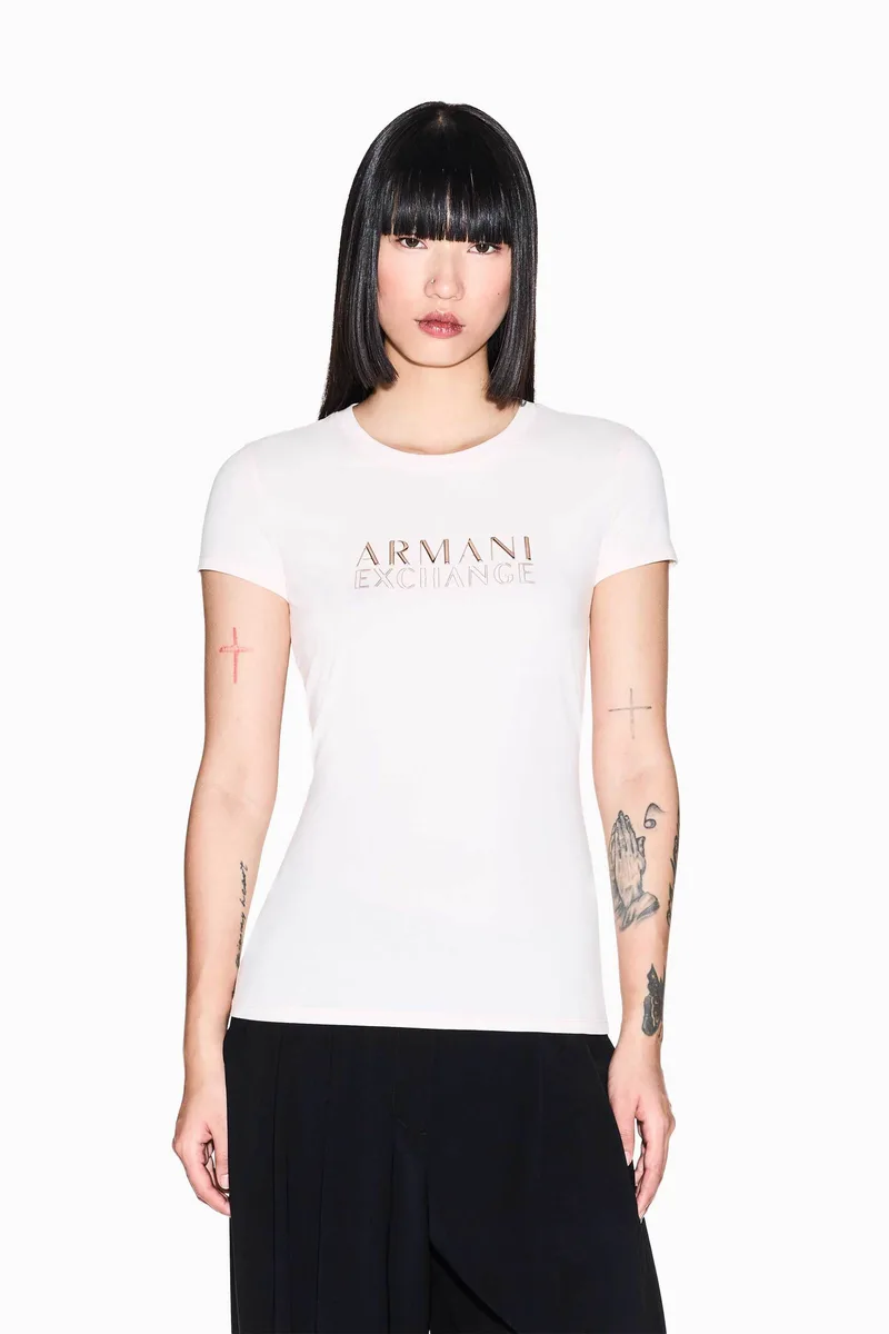 Armani Exchange γυναικείο T-shirt με μεταλλικό λογότυπο Slim Fit - XW001837AF16294 Λευκό