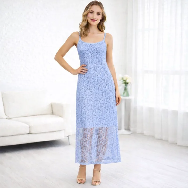 Midi Δαντελένιο Φόρεμα Με Τιράντες – Σιέλ | Dress Up Σιέλ