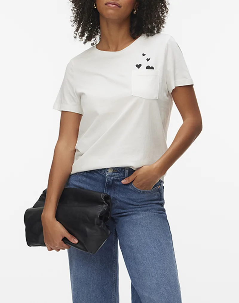 VERO MODA VMKARMA S/S O-NECK T-SHIRT JRS BTQ 10345912-Snow WhiteHEARTS POCKET White