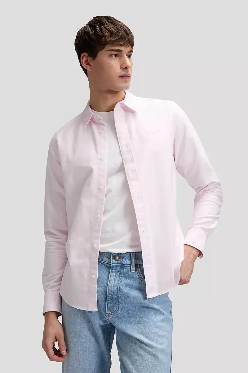 Lee® ανδρικό πουκάμισο με logo print μονόχρωμο Regular Fit - 112376560 Ροζ