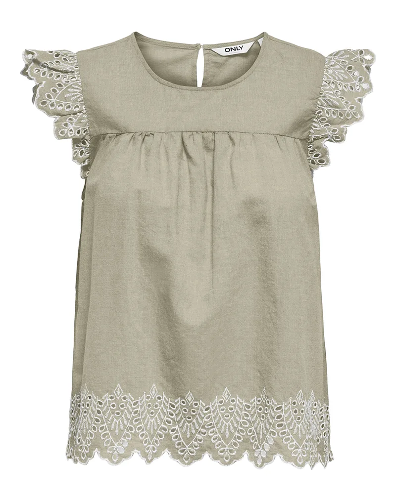 ONLY ONLTULUM EMB S/S TOP WVN 15367431-Olive GrayBRIGHT WHITE EMB Olive