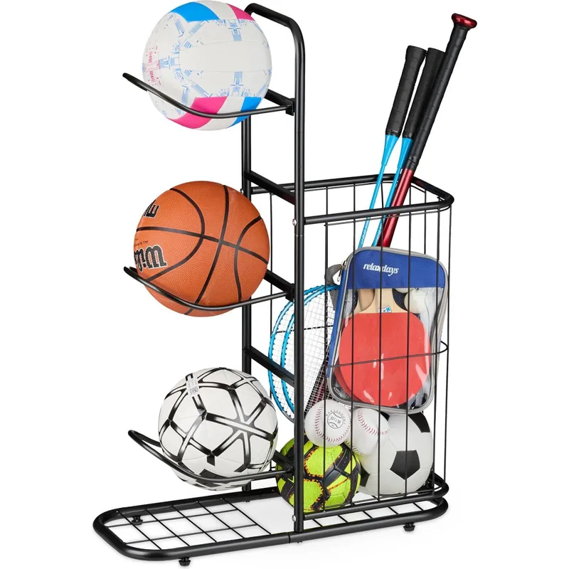 Βάση για Μπάλες Relaxdays Ball Rack Μεταλλική για Αθλητικό Εξοπλισμό με 3 x Θέσεις & 1 x Καλάθι - Black (10050761_46)