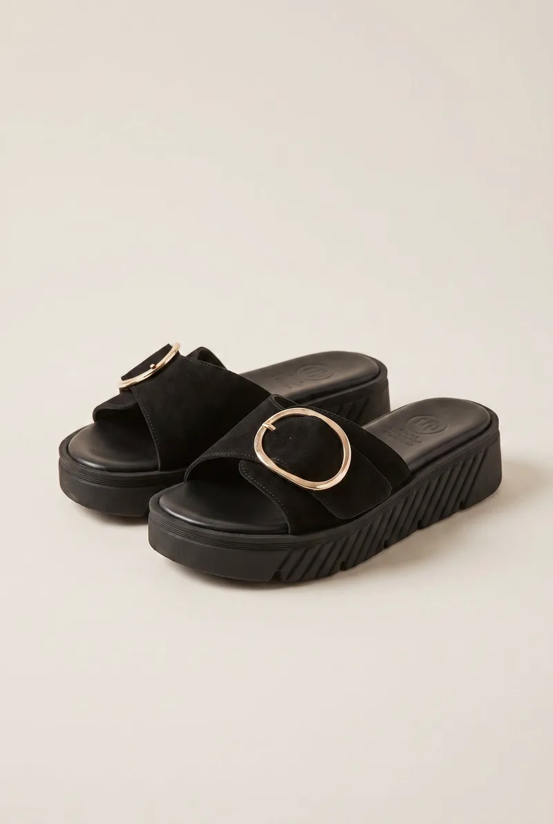 TFP Flatform Sandals Statement Buckle - 415 - Black Suede