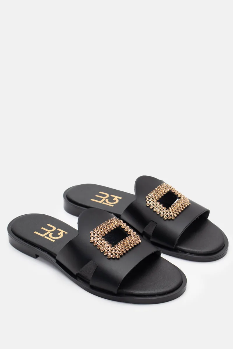 LUIGI DESIGN - Σανδάλια Flat με Διακοσμητικό Από Strass - Μαύρο
