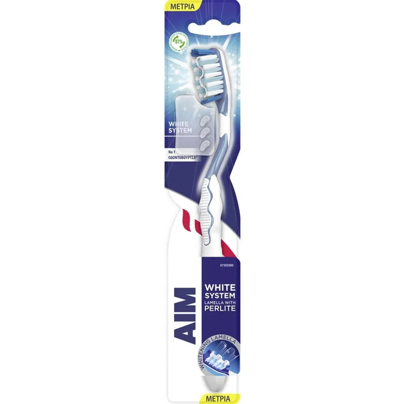 Aim White System Perlite Medium Toothbrush Οδοντόβουρτσα με Μέτριες Ίνες & Ελαστική Μεμβράνη που Περιέχει Περλίτη για πιο Λευκά Δόντια με Προστατευτικό Κάλυμμα 1 Τεμάχιο - Γαλάζιο