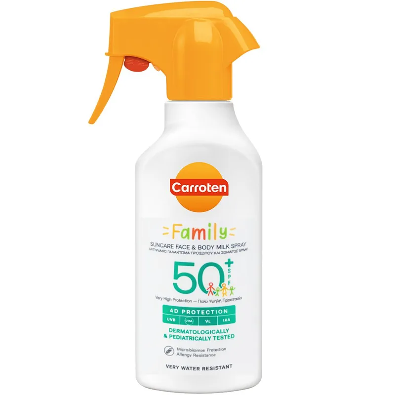Carroten Family Spf50+ Suncare Face & Body Milk Spray Αντηλιακό Γαλάκτωμα Spray Προσώπου & Σώματος Πολύ Υψηλής Προστασίας για Όλη της Οικογένεια 270ml