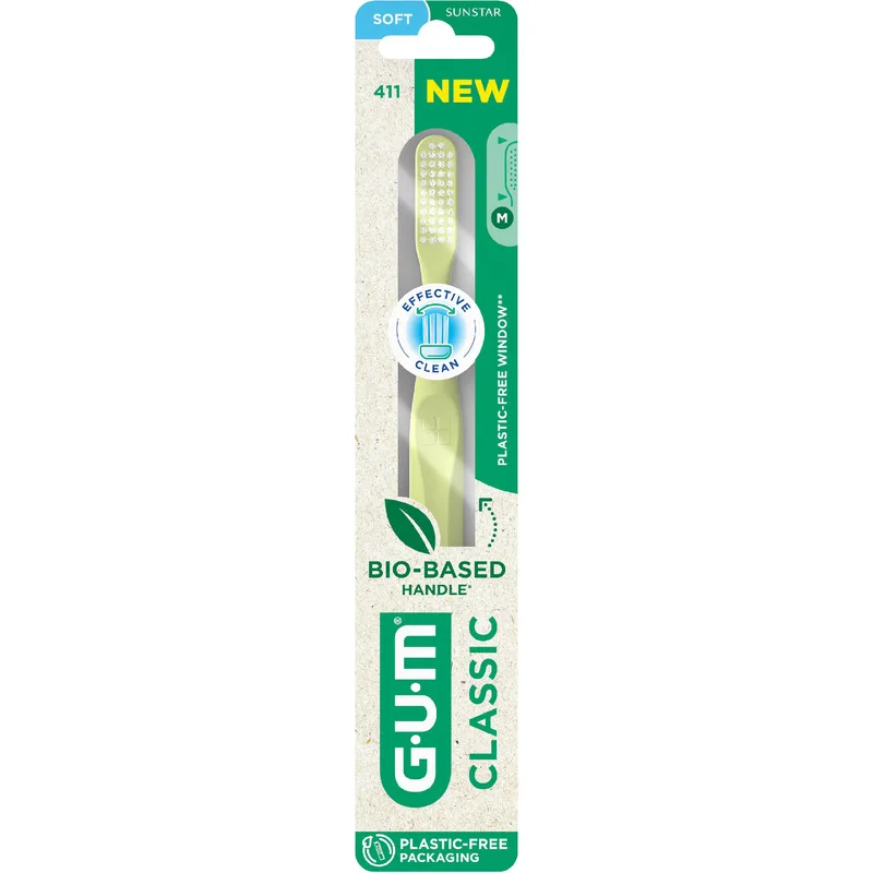 Gum Classic 411 Soft Toothbrush Μαλακή Οδοντόβουρτσα για την Καθημερινή Φροντίδα των Δοντιών & των Ούλων 1 Τεμάχιο - Κίτρινο