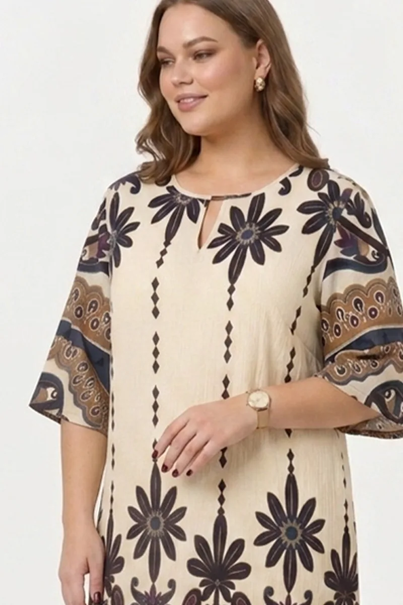 Φόρεμα boho με keyhole σε εκρού/μπλε χρώμα plus size