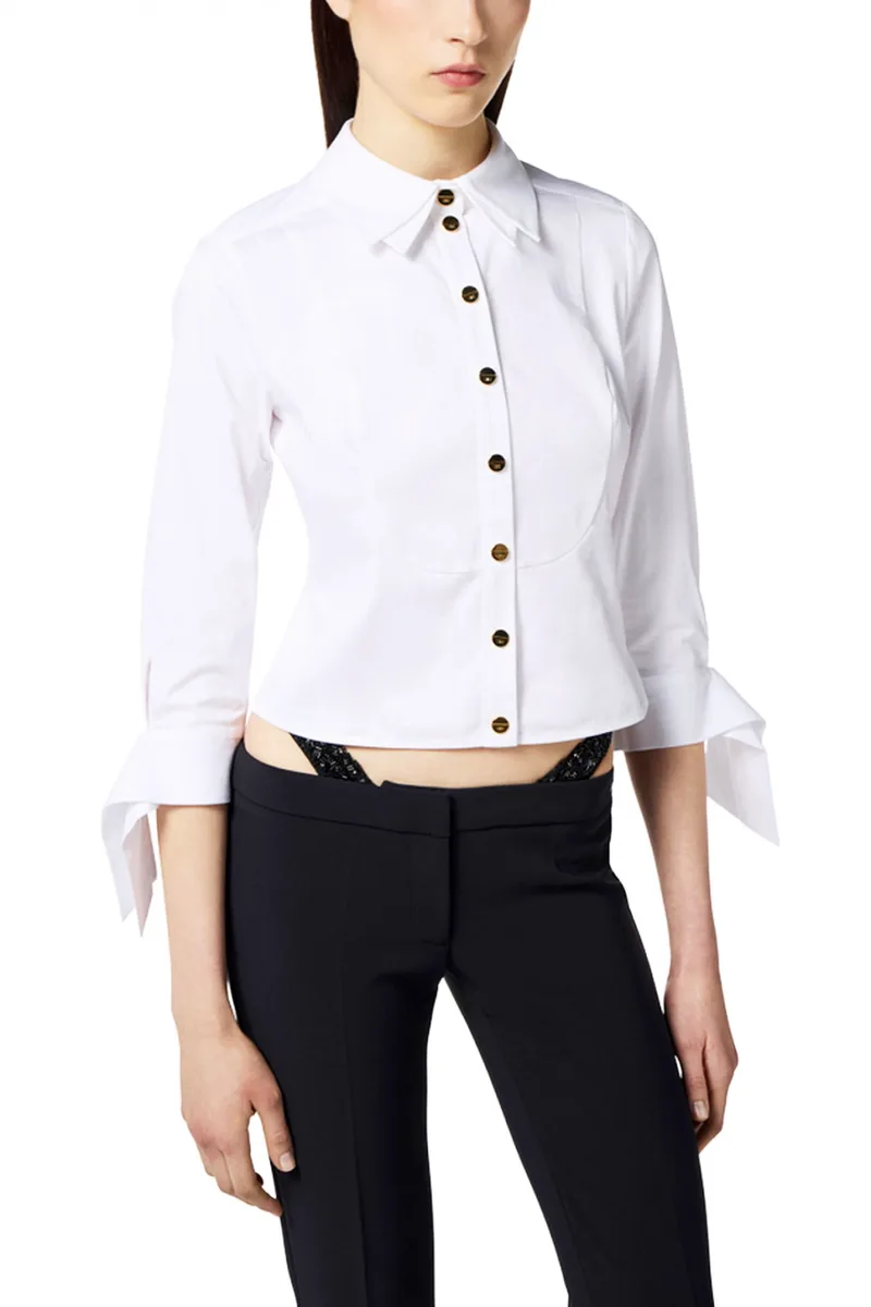 ELISABETTA FRANCHI ΠΟΥΚΑΜΙΣΟ SLIM FIT ΜΕ ΠΑΠΙΓΙΟΝ ΛΕΥΚΟ