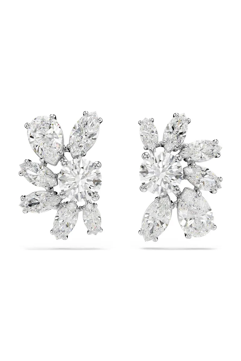 Swarovski γυναικεία σκουλαρίκια με καραφάκι μίξη κοπών, λουλούδι, λευκά, επιμετάλλωση ροδίου "Mesmera" - 5737462