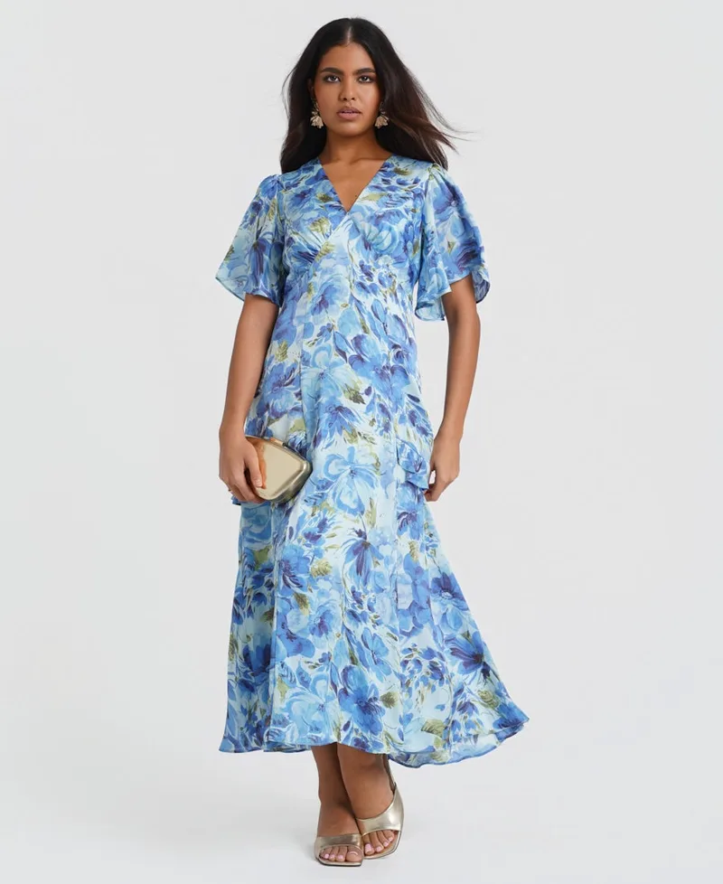 Ruffle Blue Floral Midi Dress | Size: 10