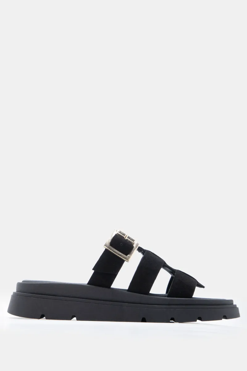 LUIGI DESIGN - Δερμάτινα Σανδάλια Flatform με Λουράκια & Τόκα - Μαύρο