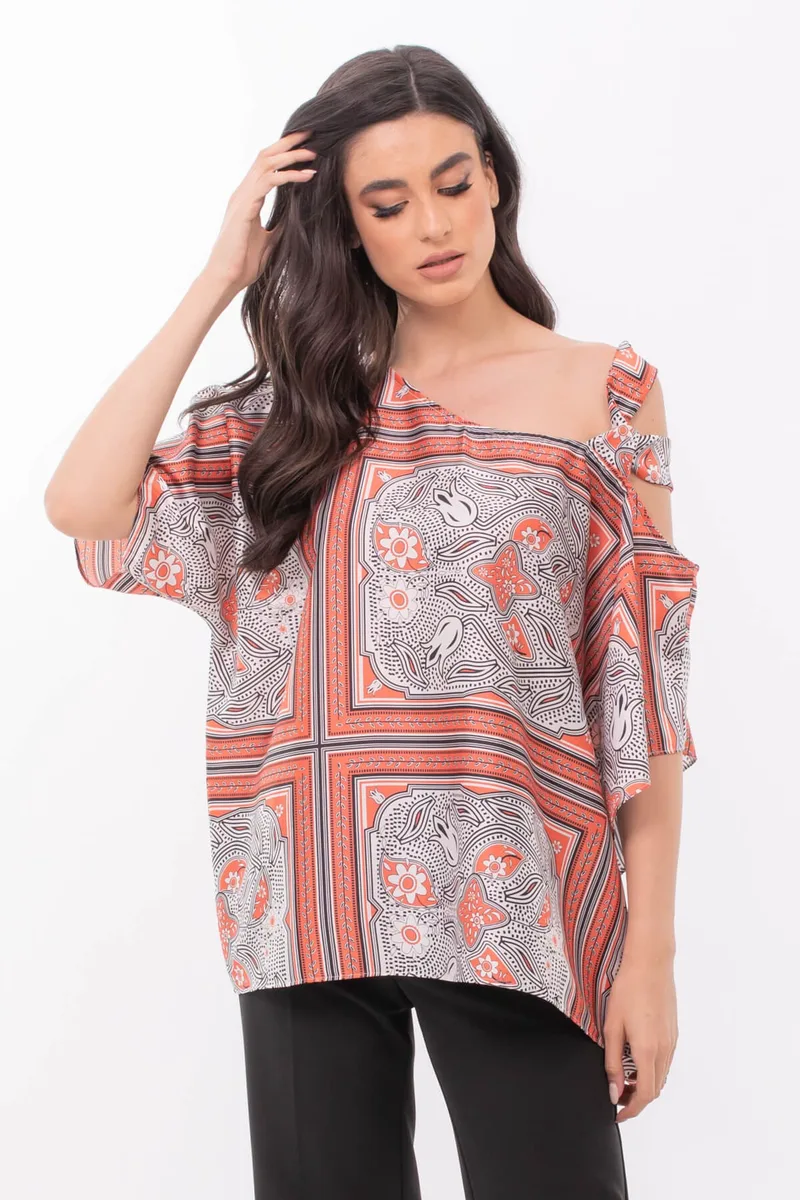 ΜΠΛΟΥΖΑ PLUS SIZE ΣΑΤΕΝ ΜΕ ΝΥΧΤΕΡΙΔΑ ΜΑΝΙΚΙΑ MULTICOLOR