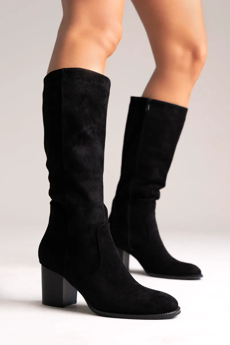 ERYNN Suede Boots with Low Heel - RXJ-303 - Black Suede