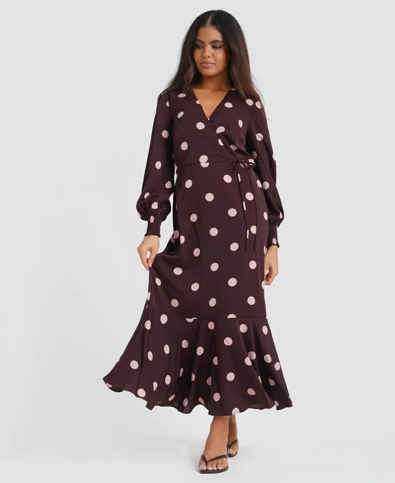 Berry Spot Wrap Long Sleeve Midaxi Dress | Size: 16